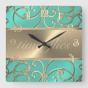 Carrée Horloge des mouches auriculaires Aqua et Gold
