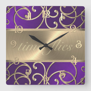 Carrée Horloge des mouches temps violet et or