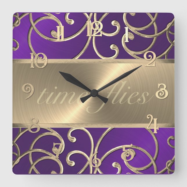 Carrée Horloge des mouches temps violet et or (Recto)