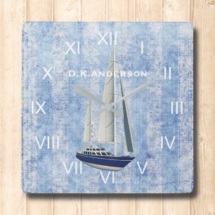 Carrée Horloge des yachts de voile bleu et blanc