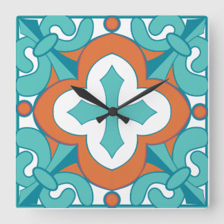 Carrée Horloge en carreaux de Talavera - Orange et Turquo