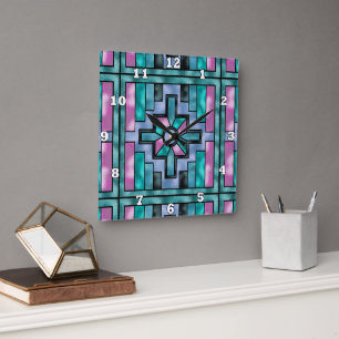 Carrée Horloge en faux verre motif du sud-ouest