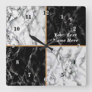 Carrée Horloge en marbre noir blanc avec texte personnali