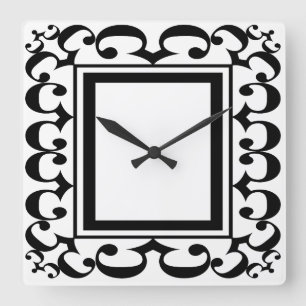Carrée Horloge encadrée noire et blanche fleurie