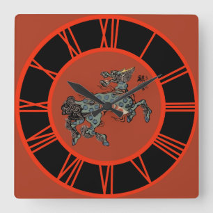 Carrée Horloge Feng Shui Qilin Chinois chiffres rouges