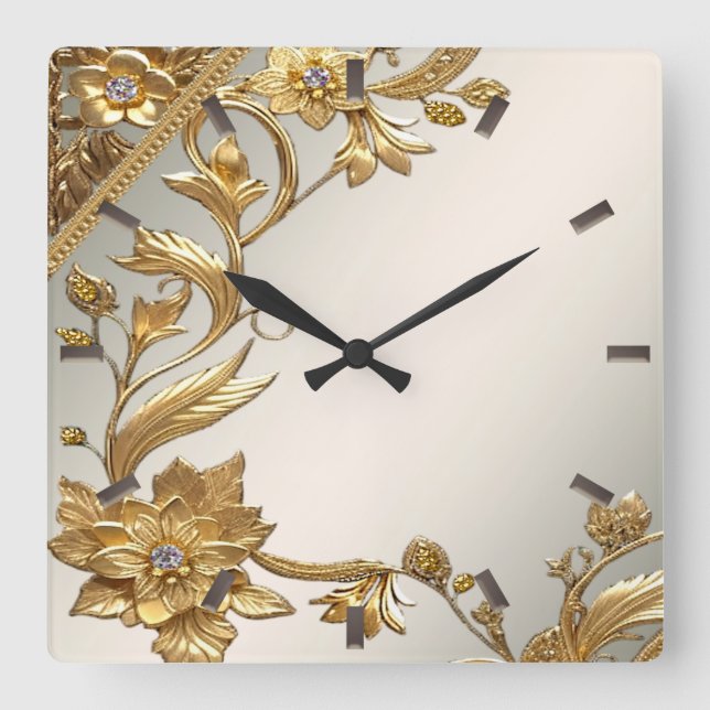 Carrée Horloge Feuille fleurie dorée (Recto)
