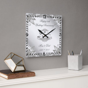 Carrée Horloge fleurie en argent 25e anniversaire Mariage