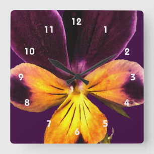 Carrée Horloge florale Abstraite à fleurs jaunes violett