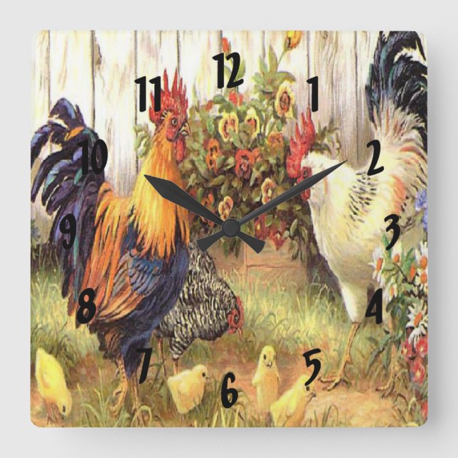 Carrée Horloge française d'impression de poule de coq de (Recto)