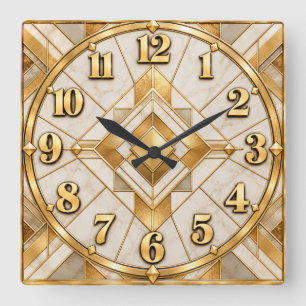 Carrée Horloge géométrique Art déco crème et or