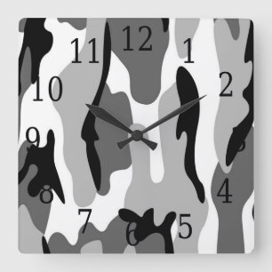 Carrée Horloge grise blanche noire de carré de camouflag