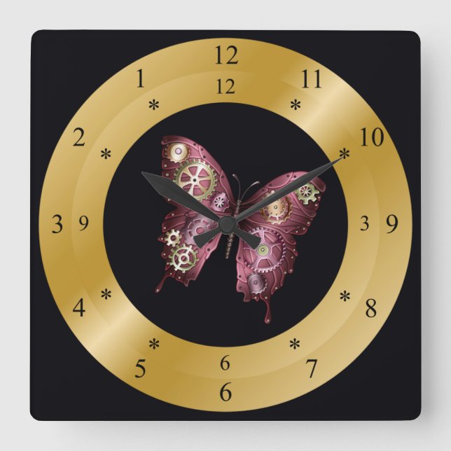 Carrée Horloge horaire ~ Steampunk~ Butterfly~ Gears ~ (Recto)