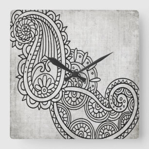 Carrée Horloge Motif Gris Mehndi