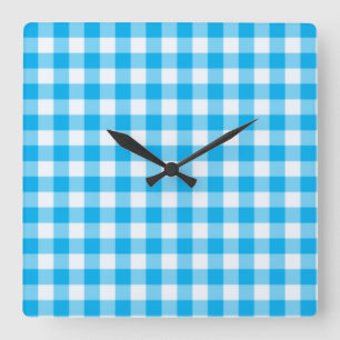 Carrée Horloge murale, En vichy blanc et bleu turquoise