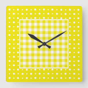 Carrée Horloge murale, En vichy jaune et Pois