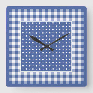 Carrée Horloge murale, pois bleu-foncé, guingan de