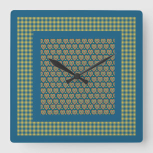 Carrée Horloge murale, Rouge, Coeurs verts et En vichy ch