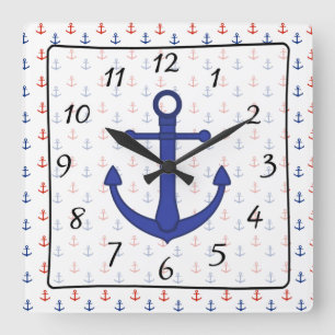 Carrée Horloge nautique d'Ancre de rouge bleu de plage