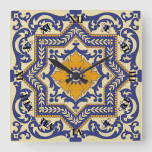 Carrée Horloge orange bleue de style en céramique