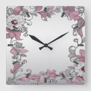 Carrée Horloge Pink Argent Blanc Floral Mur