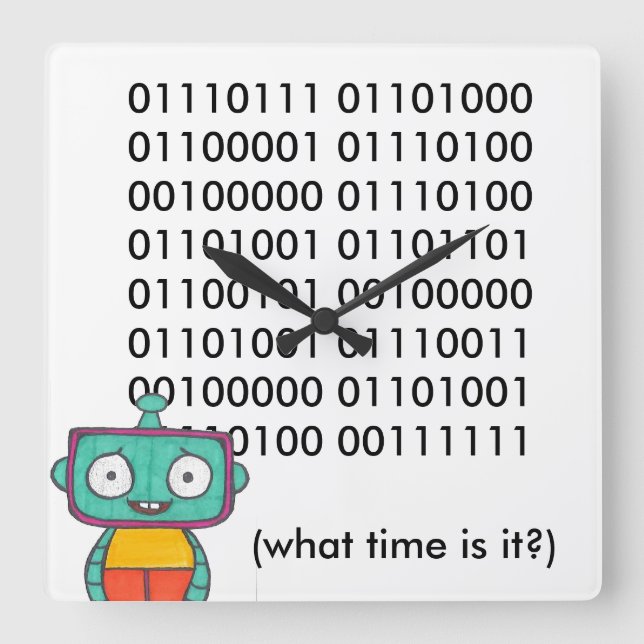 Carrée Horloge Robot Cute - Binary (Recto)
