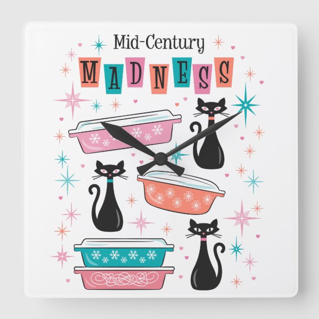 Carrée Horloge Starburst Retro Pyrex Black Cats au milieu (Recto)