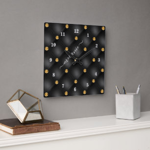 Carrée Horloge Tufée Diamond Or Noir avec nom personnalis