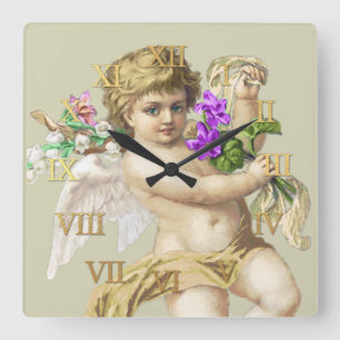Carrée Horloge vintage Numéros romains Cherub Gold