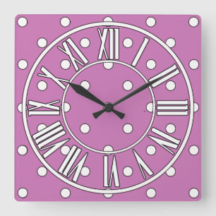 Carrée Horloge violette avec points blancs et détails