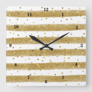 Carrée Huile d'or moderne, blanc, bandes, horloge Confett