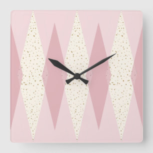 Carrée Jacquard rose moderne du milieu du siècle Horloge