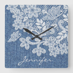 Carrée Joli bleu Jean Denim Mur de dentelle Horloge