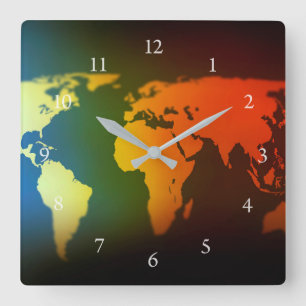 Carrée Jour et nuit horloge de carte du monde