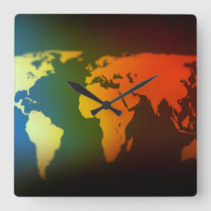Carrée Jour et nuit horloge de carte du monde