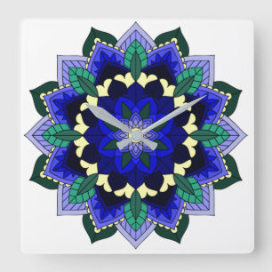 Carrée Motif Mandala 02 en bleu foncé Carré Horloge mural