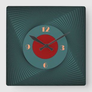 Carrée Motif vert avec centre cercle rouge> horloge mural