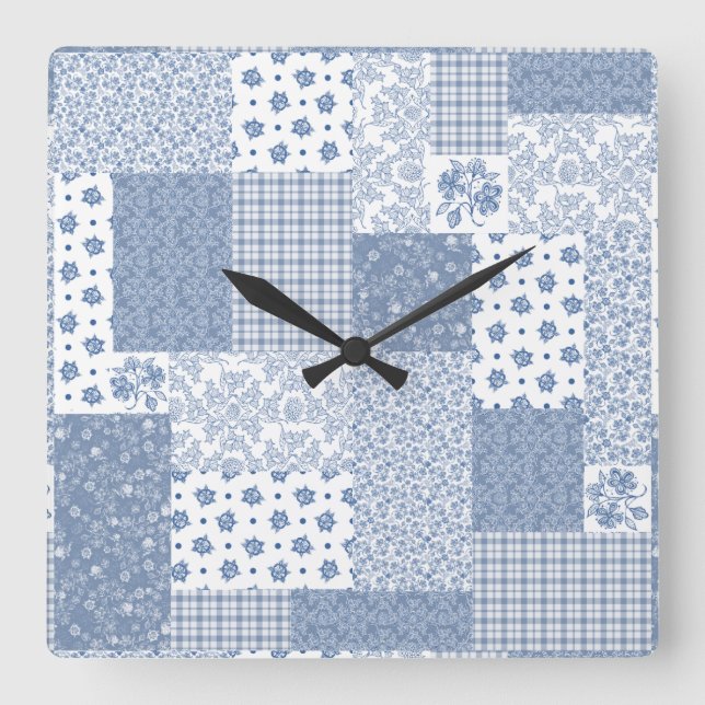 Carrée Nostalgique Indigo Faux Patchwork Carré Horloge mu (Recto)