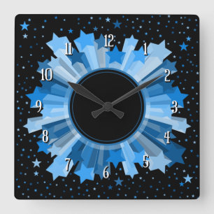 Carrée Nuances De Bleu Starburst Horloge Mur