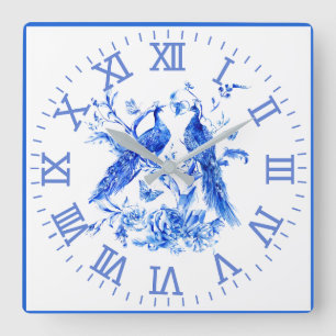 Carrée Peacocs Porcelain Bleu Mur Horloge