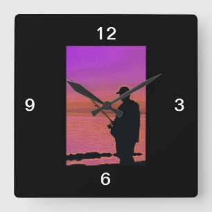 Carrée Pêche au coucher du soleil Horloge silhouette