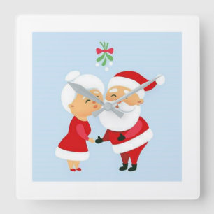 CARRÉE "PÈRE NOËL ET MRS. CLAUS KISSING" HORLOGE DE NOËL