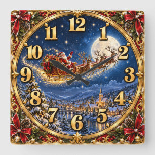 Carrée Père Noël traîneau Noël horloge merveilleux hiver