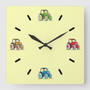 Carrée Petits Tracteurs, Horloge Mural Acrylique Citron