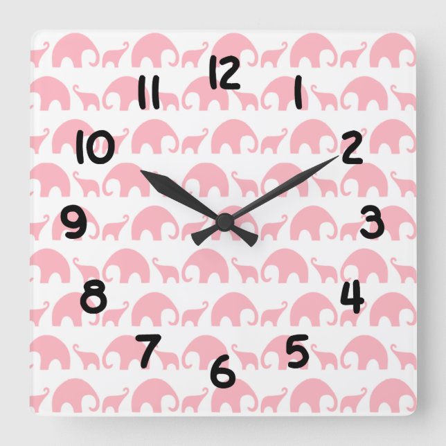 Carrée Pink éléphant bébé fille crèche horloge (Recto)