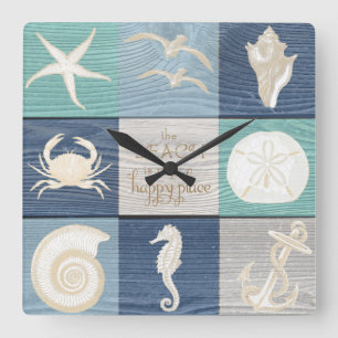 Carrée Plage Joyeux Lieu Blue Aqua Old Wood Sea Horloge