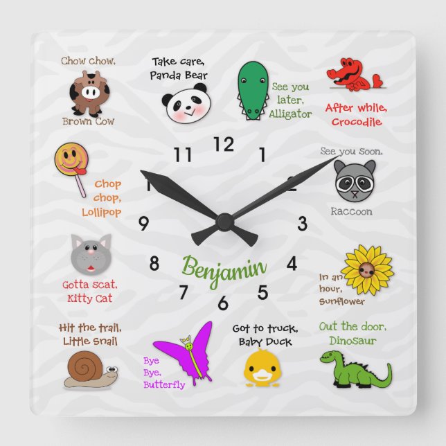 Carrée Plus Tard, Horloge Mur Alligator Ryme (Recto)