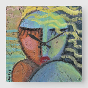 Carrée Portrait Abstrait coloré d'une femme à horloge ron