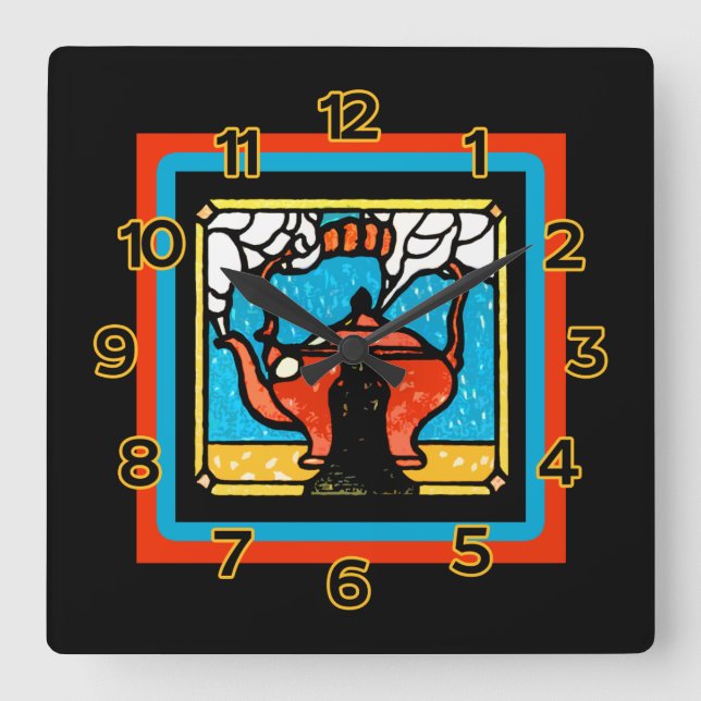 Carrée Pot de thé en verre tendu Regardez sur une horloge (Recto)