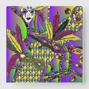 Carrée Psychédélique Mardi Gras Masques De Plumes Horloge