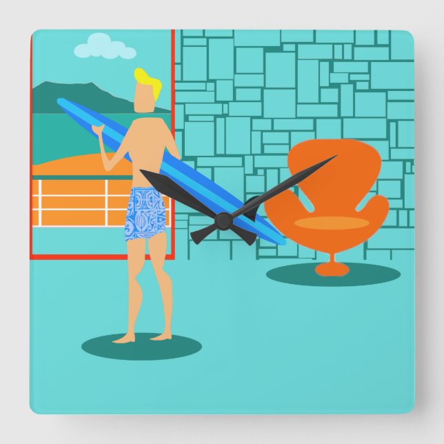Carrée Rétro Surfer Dude Acrylique Mur Horloge (Recto)